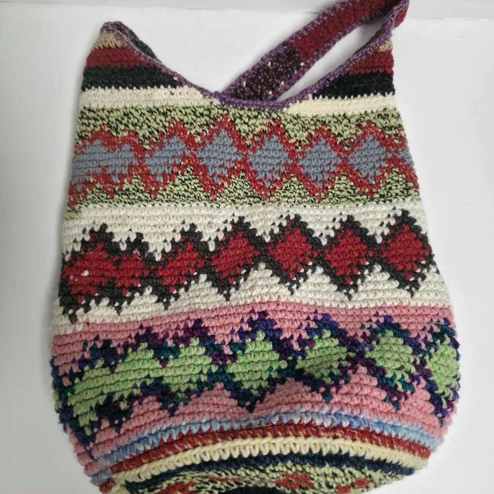 Vintage Boho Crochet Crossbody Bag Southwestern Geometric Knit Bucket Purse